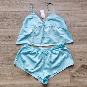 Flora Nikrooz Aqua Blue Satin Pajama Set Womens Large Tank Top Short Set Nwt